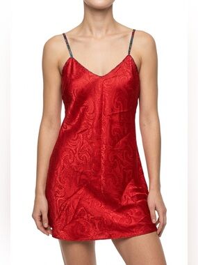 Red Paisley Satin Slip Dress with Decorative Straps